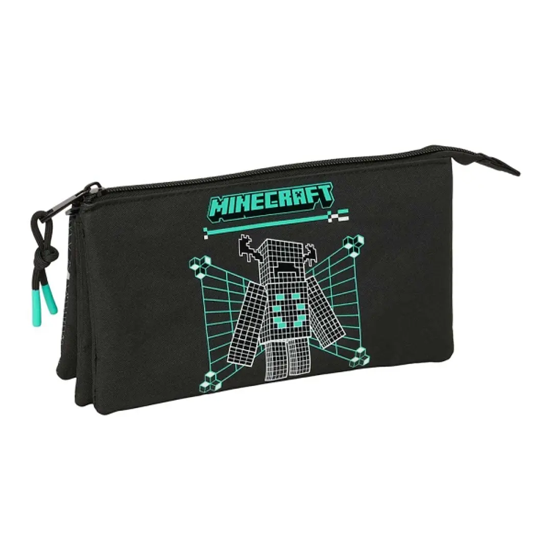 Safta Minecraft Screen Portatodo - 3 Compartimentos con Cremallera - Bolsillo Interior Central - 22x12x3cm - Color Negro 1