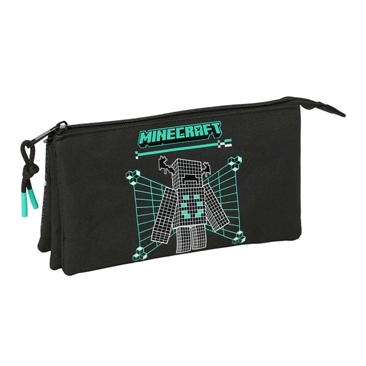 Safta Minecraft Screen Portatodo - 3 Compartimentos con Cremallera - Bolsillo Interior Central - 22x12x3cm - Color Negro 1