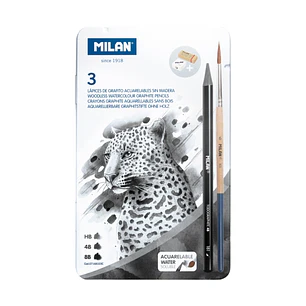 Milan Pack de 3 Lapices de Grafito Acuarelables Surtidos + Sacapuntas + Goma de Borrar + Pincel - Caja Metalica - Bandeja Interior - Color Gris Oscuro