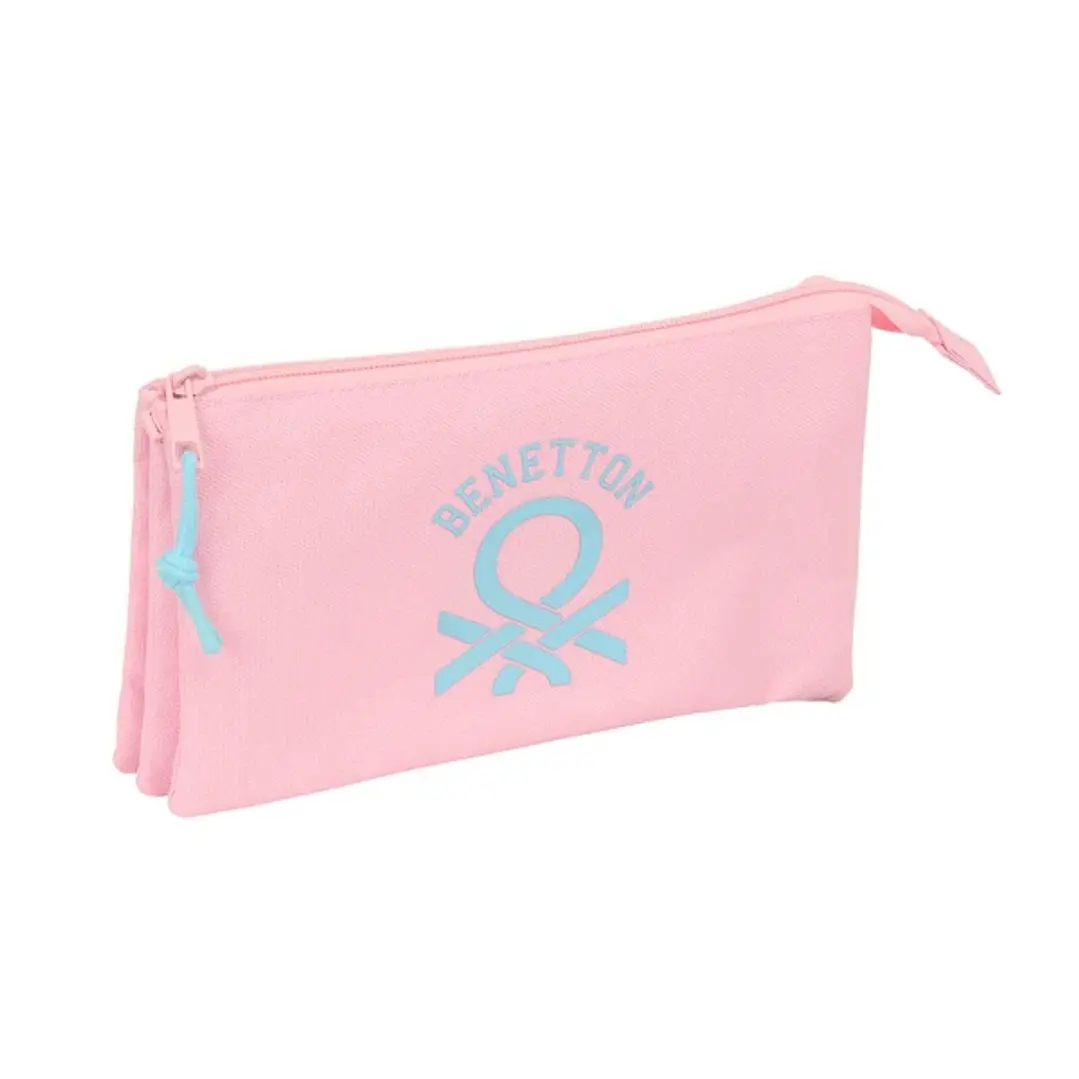 Safta Benetton Basics Portatodo - 3 Compartimentos con Cremalleras - Bolsillo Interior - 0.6L - 220x30x120mm - Color Rosa Pastel 1
