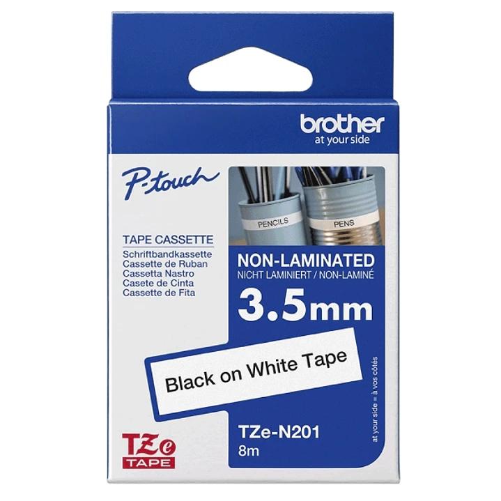 Brother TZEN201 Cinta No Laminada Original - Texto Negro sobre Fondo Blanco - Ancho 3.5mm x 8 metros 1