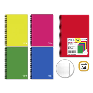 Golden Basic Pack de 5 Cuadernos A4 80 Hojas 90gr Cuadricula 4x4 - Ideal para Estudiantes - Tapa Polipropileno - Colores Surtidos
