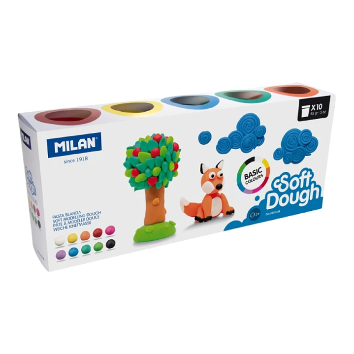 Milan Basic Soft Dough Pack de 10 Botes de Pasta Blanda - 100% Vegetal - Moldeable - Sin Residuos - Colores Mezclables - 85g por Unidad - Colores Surt 1