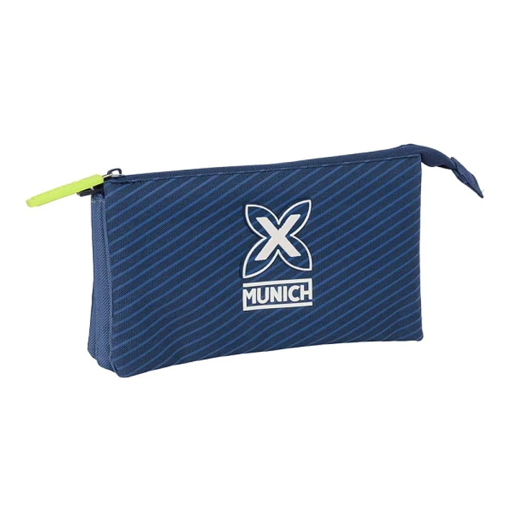Safta Munich Blue Indigo Portatodo - 3 Compartimentos con Cremalleras - Bolsillo Interior - 0.6L - 220x30x120mm - Color Azul Marino 1