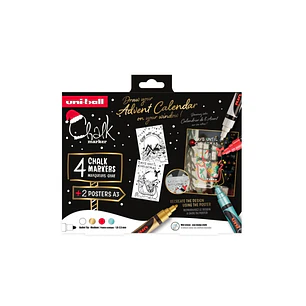 Uni-ball Chalk Colores Navidad Pack de 4 Marcadores de Tiza Liquida + Posters - Punta Conica 1.8-2.5mm - Borrado en Humedo - Resistente a la Lluvia - 