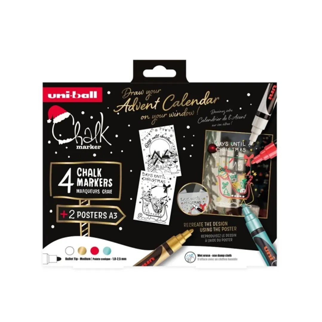 Uni-ball Chalk Colores Navidad Pack de 4 Marcadores de Tiza Liquida + Posters - Punta Conica 1.8-2.5mm - Borrado en Humedo - Resistente a la Lluvia -  1