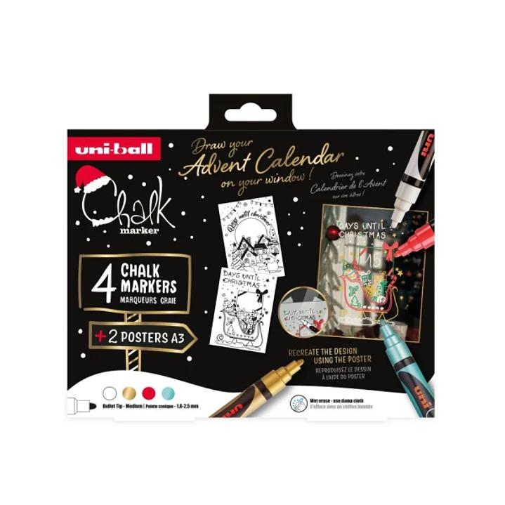 Uni-ball Chalk Colores Navidad Pack de 4 Marcadores de Tiza Liquida + Posters - Punta Conica 1.8-2.5mm - Borrado en Humedo - Resistente a la Lluvia -  1