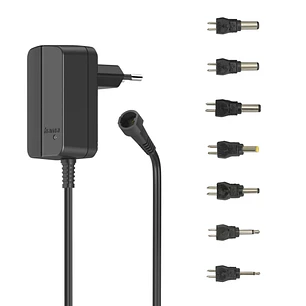 Hama Fuente de Alimentacion Multidispositivo - Potencia 7.2W - Indicador LED - 7 Adaptadores - Intensidad Maxima 0.6A - Voltaje Ajustable - Color Negr