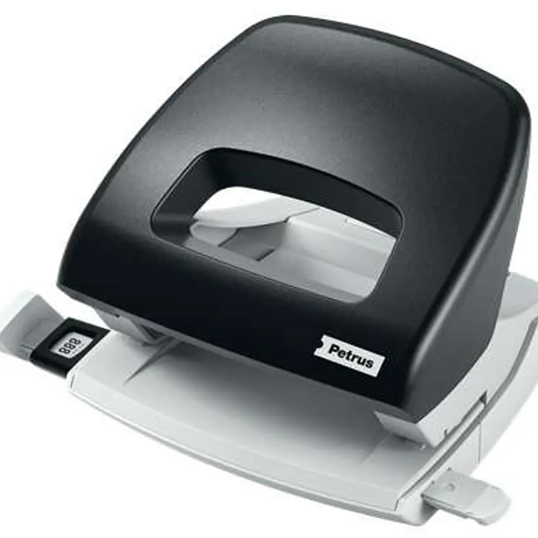 Petrus 80 Taladro Perforador Pequeño - Hasta 16 Hojas - Marcas de Formato - Facil Vaciado - Punzones 5.5mm - Color Negro 1
