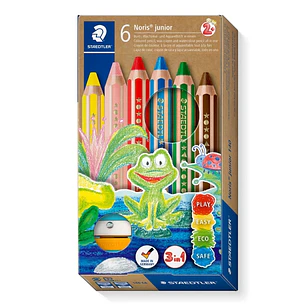 Staedtler Noris Junior Pack de 6 Lapices de Colores Extragruesos + Sacapuntas - 3 en 1, Lapiz, Cera y Acuarelable - Colores Surtidos