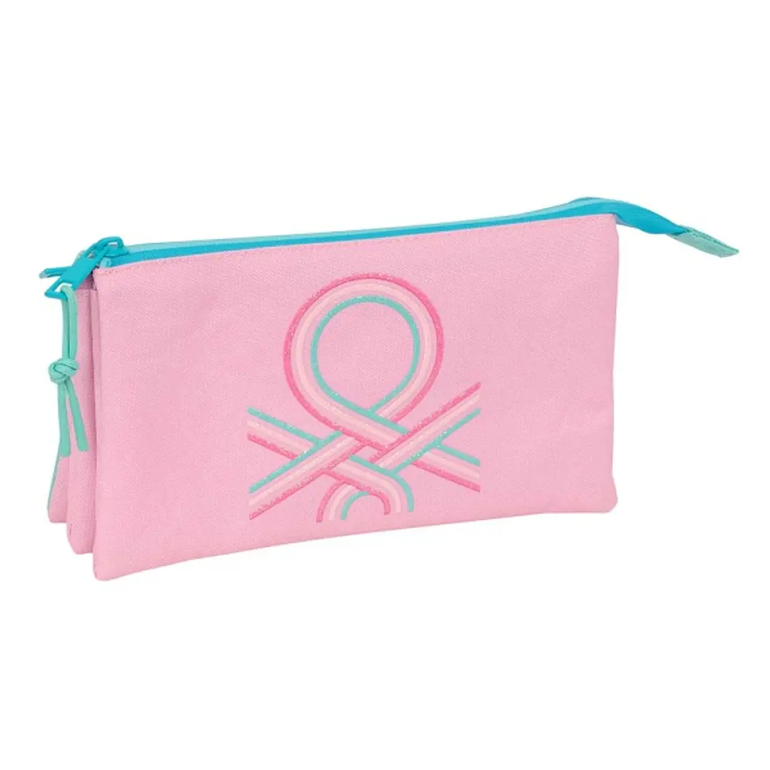 Safta Benetton Dolce Portatodo - 3 Compartimentos con Cremalleras - Bolsillo Interior - 0.6L - 220x30x120mm - Color Rosa Pastel 1
