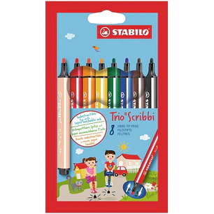 Stabilo Trio Scribbi Pack con 8 Rotuladores - Trazo entre 1,5-2mm - Forma Triangular - Tinta Super Lavable - Colores Surtidos