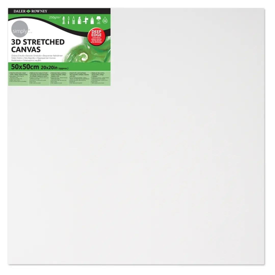 Daler Rowney Simply Bastidor Entelado 3D - 50x50cm - Imprimacion Triple - Grano Medio - 100% Algodon sin Acido - 250g - Color Blanco 1