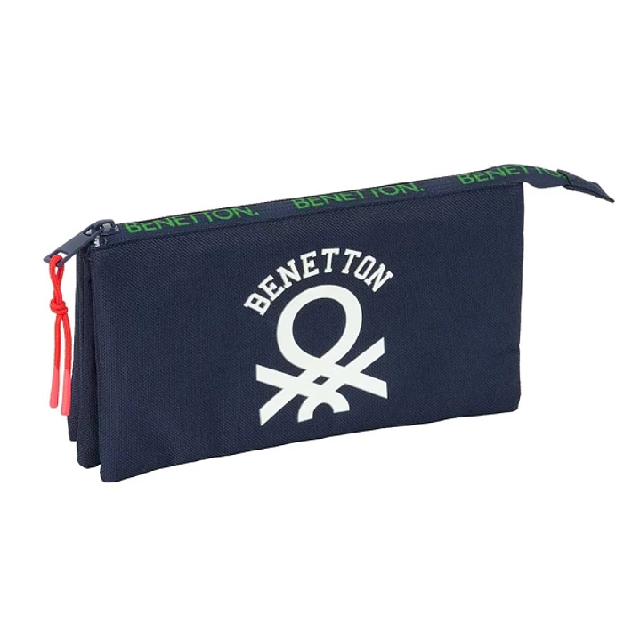 Safta Benetton Together Portatodo - 3 Compartimentos con Cremalleras - Bolsillo Interior - 0.6L - 220x30x120mm - Color Azul Marino 1