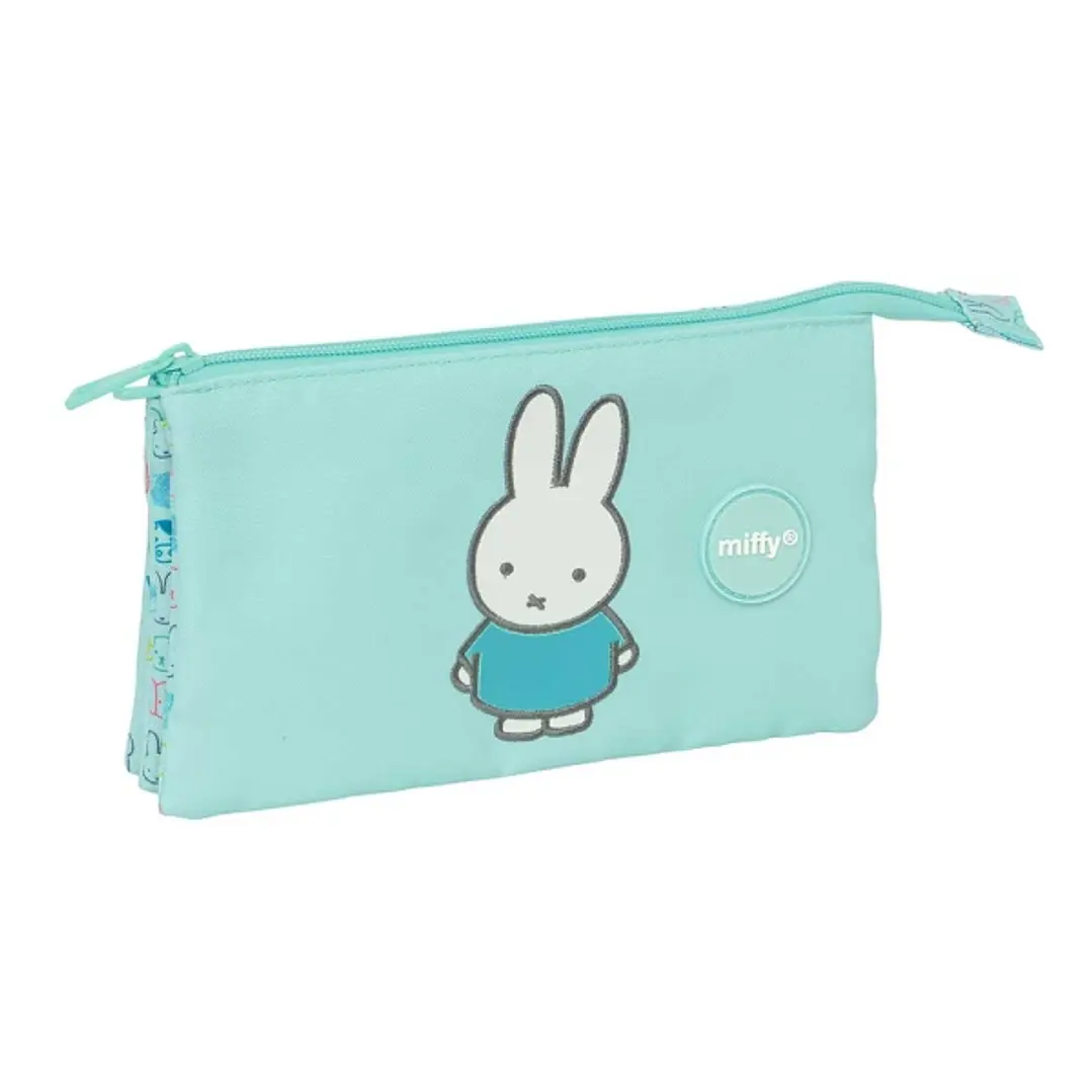 Safta Miffy Friends Portatodo - 3 Compartimentos con Cremalleras - Bolsillo Interior - Resistente al Agua - Material Reciclado - 0.6L - 220x30x120mm - 1
