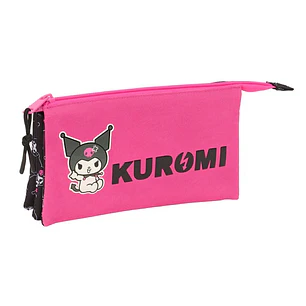 Safta Kuromi Portatodo - 3 Compartimentos con Cremalleras - Bolsillo Interior - 0.6L - 220x30x120mm - Color Negro y Rosa