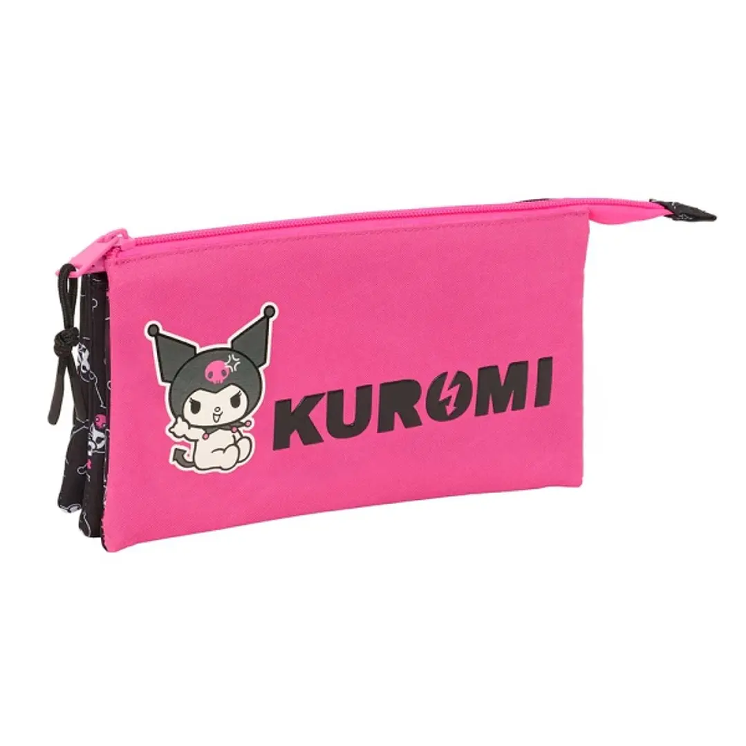 Safta Kuromi Portatodo - 3 Compartimentos con Cremalleras - Bolsillo Interior - 0.6L - 220x30x120mm - Color Negro y Rosa 1