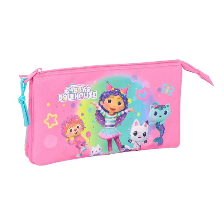 Safta Gabby's Dollhouse Confetti Portatodo - 3 Compartimentos con Cremalleras - Bolsillo Interior - 0.6L - 220x30x120mm - Color Rosa 1