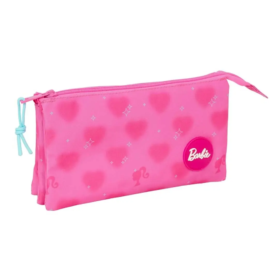 Safta Barbie Corazones Portatodo - 3 Compartimentos con Cremalleras - Bolsillo Interior - 0.6L - 220x30x120mm - Color Rosa 1