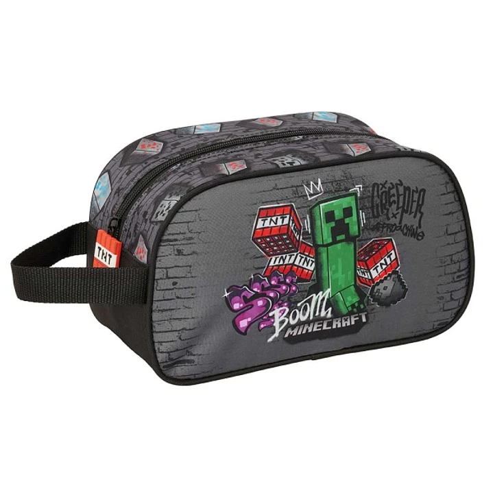 Safta Minecraft Graffiti Neceser - Adaptable a Carro - Asa de Mano Lateral - 26x15x12cm - Color Gris 1