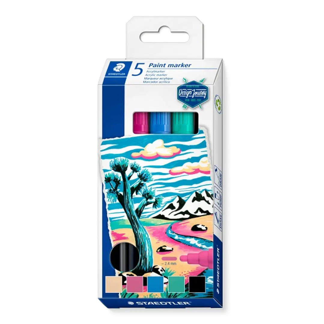 Staedtler Lumocolor 349 Pack con 5 Marcadores Acrilicos Permanentes - Trazo 2.4 mm aprox. - Tinta Base de Agua - Colores Surtidos 1