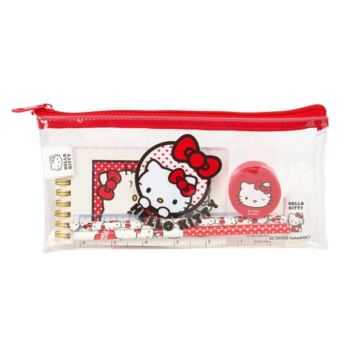 Safta Hello Kitty Pack Escolar con Portatodo de PVC - Cierre ZIP - Regla 15cm - 2 Lapices - Sacapuntas - Goma - Bloc de Notas con 70 Hojas - 225x105mm 1