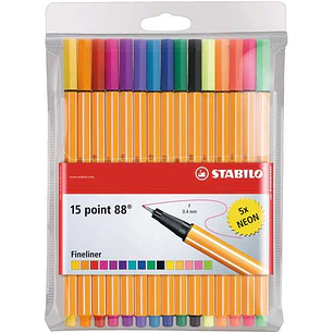 Stabilo Point 88 Pack de 15 Rotuladores de Punta Fina de Fibra - Trazo de 0.4 mm - Tinta con Base de Agua - 10 Colores Surtidos + 5 Neon