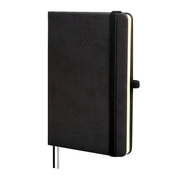 Finocam Minimal Textura Agenda - Anual 2026 - Tapa Dura - Cierre con Goma Elastica - Formato M4 - 124x16x174mm - Semana Vista Horizontal - Color Negro 1