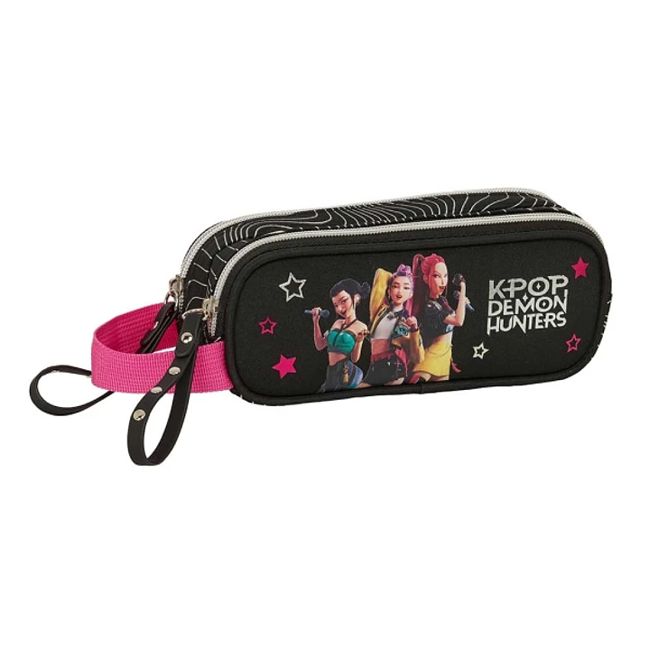 Safta K-Pop Demon Hunters Energy Portatodo - 2 Compartimentos con Cremallera - Asa Lateral - Capacidad 1L - 21x8x6cm - Color Negro y Rosa 1