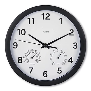 Hama Malta Reloj de Pared Analogico - Termometro - Higrometro - Silencioso - Funciona con 1 Pila AA - 25x4cm - Color Negro