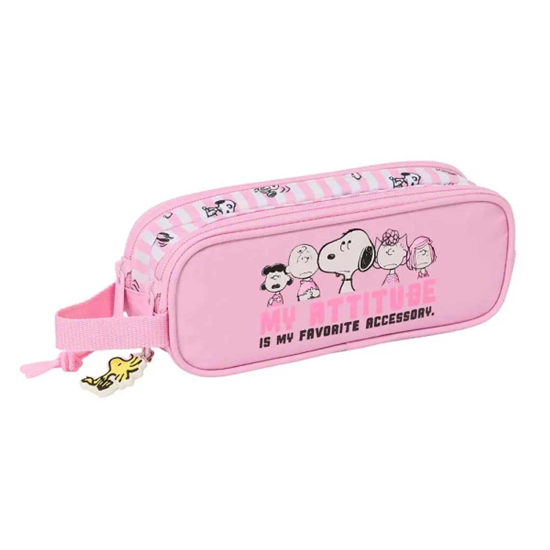 Safta Snoopy Portatodo - 2 Compartimentos con Cremallera - Asa Lateral - Capacidad 1L - 21x8x6cm - Color Rosa 1