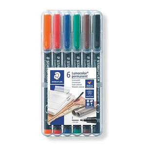 Staedtler Lumocolor 318 Pack de 6 Rotuladores Permanentes - Punta Fina Redonda - Trazo 0.6mm - Capuchon con Clip - Secado Rapido - Colores Surtidos