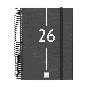Finocam Year Agenda de Espiral en Catalan - Anual 2026 - Tapa Ligera - Formato E10 - 175x29x212mm - 1 Dia por Pagina - Color Negro