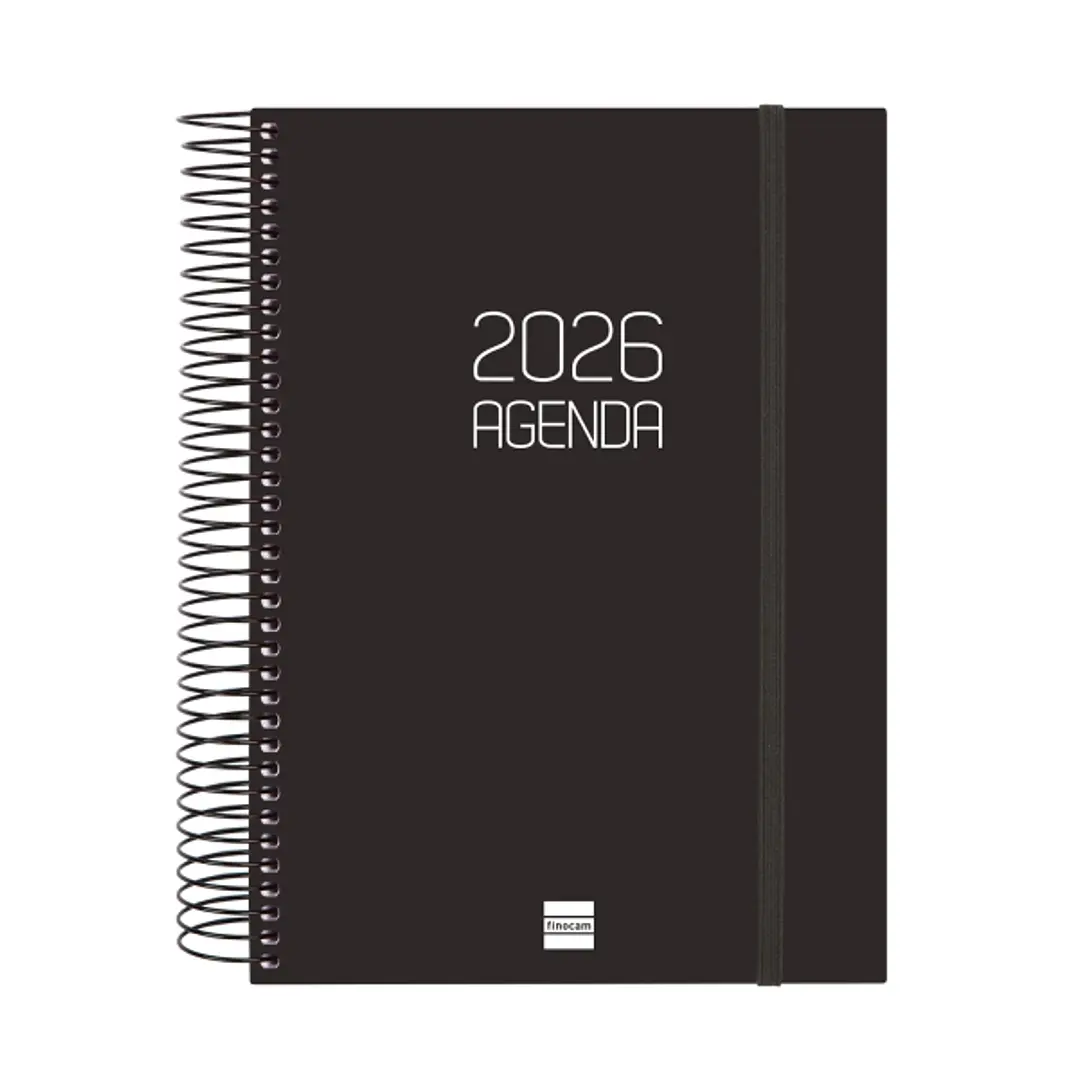 Finocam Opaque Agenda de Espiral - Anual 2026 - Tapa Ligera - Cierre con Goma Elastica - Formato E10 - 175x29x212mm - 1 Dia por Pagina - Color Negro 1