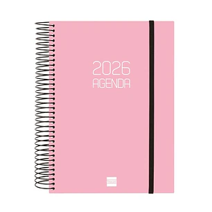 Finocam Opaque Agenda de Espiral - Anual 2026 - Tapa Ligera - Cierre con Goma Elastica - Formato E10 - 175x29x212mm - 1 Dia por Pagina - Color Rosa