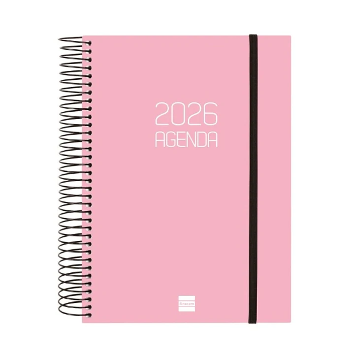 Finocam Opaque Agenda de Espiral - Anual 2026 - Tapa Ligera - Cierre con Goma Elastica - Formato E10 - 175x29x212mm - 1 Dia por Pagina - Color Rosa 1