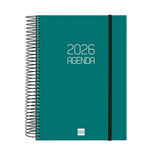 Finocam Opaque Agenda de Espiral - Anual 2026 - Tapa Ligera - Cierre con Goma Elastica - Formato E10 - 175x29x212mm - 1 Dia por Pagina - Color Verde