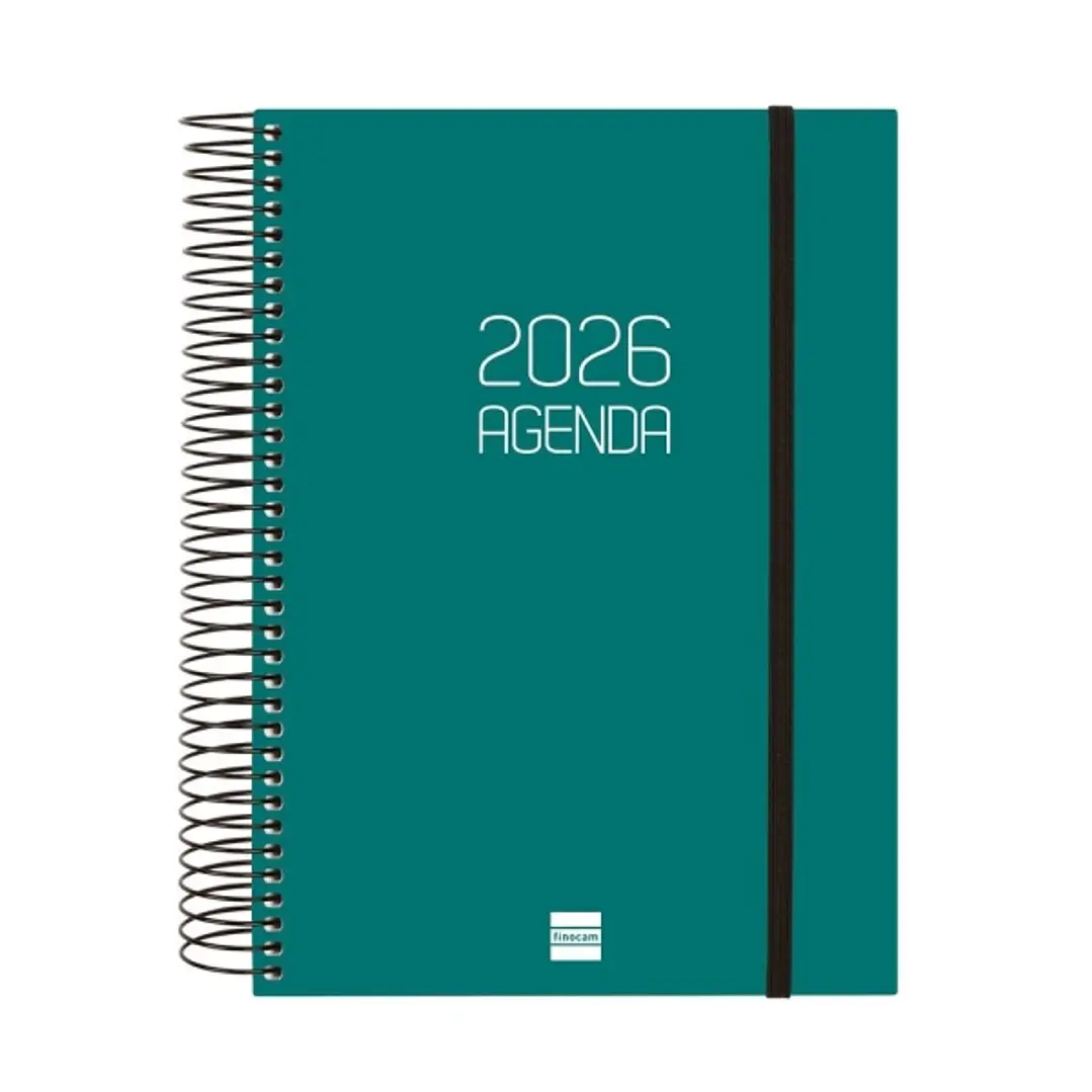 Finocam Opaque Agenda de Espiral - Anual 2026 - Tapa Ligera - Cierre con Goma Elastica - Formato E10 - 175x29x212mm - 1 Dia por Pagina - Color Verde 1