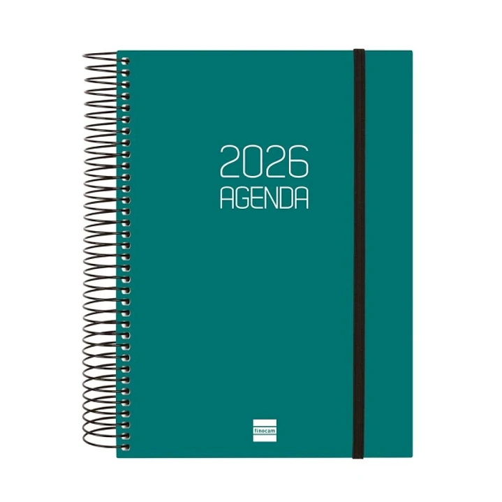 Finocam Opaque Agenda de Espiral - Anual 2026 - Tapa Ligera - Cierre con Goma Elastica - Formato E10 - 175x29x212mm - 1 Dia por Pagina - Color Verde 1