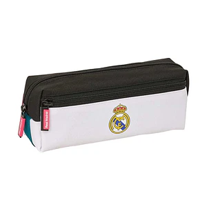 Safta Real Madrid Equipacion 26/27 Portatodo - 3 Compartimentos con Cremallera - Goma Elastica - Compacto - 22x8.5x6cm - Color Blanco y Negro