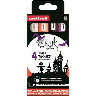 Uni-ball Chalk Colores Halloween Pack de 4 Marcadores de Tiza Liquida - Punta Conica 1.8-2.5mm - Borrado en Humedo - Resistente a la Lluvia - Colores 