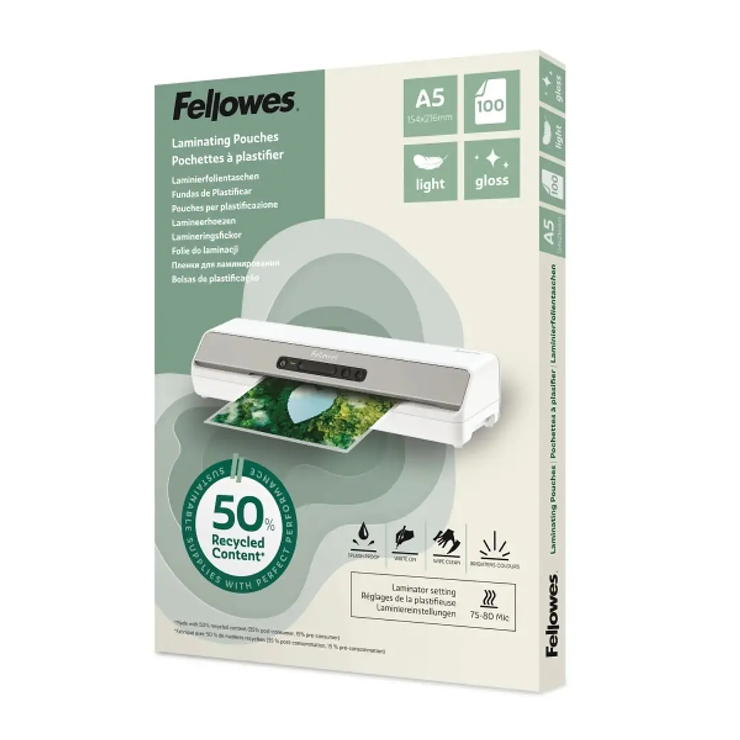 Fellowes Pack de 100 Fundas para Plastificar - Formato A5 - 80 micras - Efecto Brillo - Fabricado con 50% Material Reciclado - Transparente 1