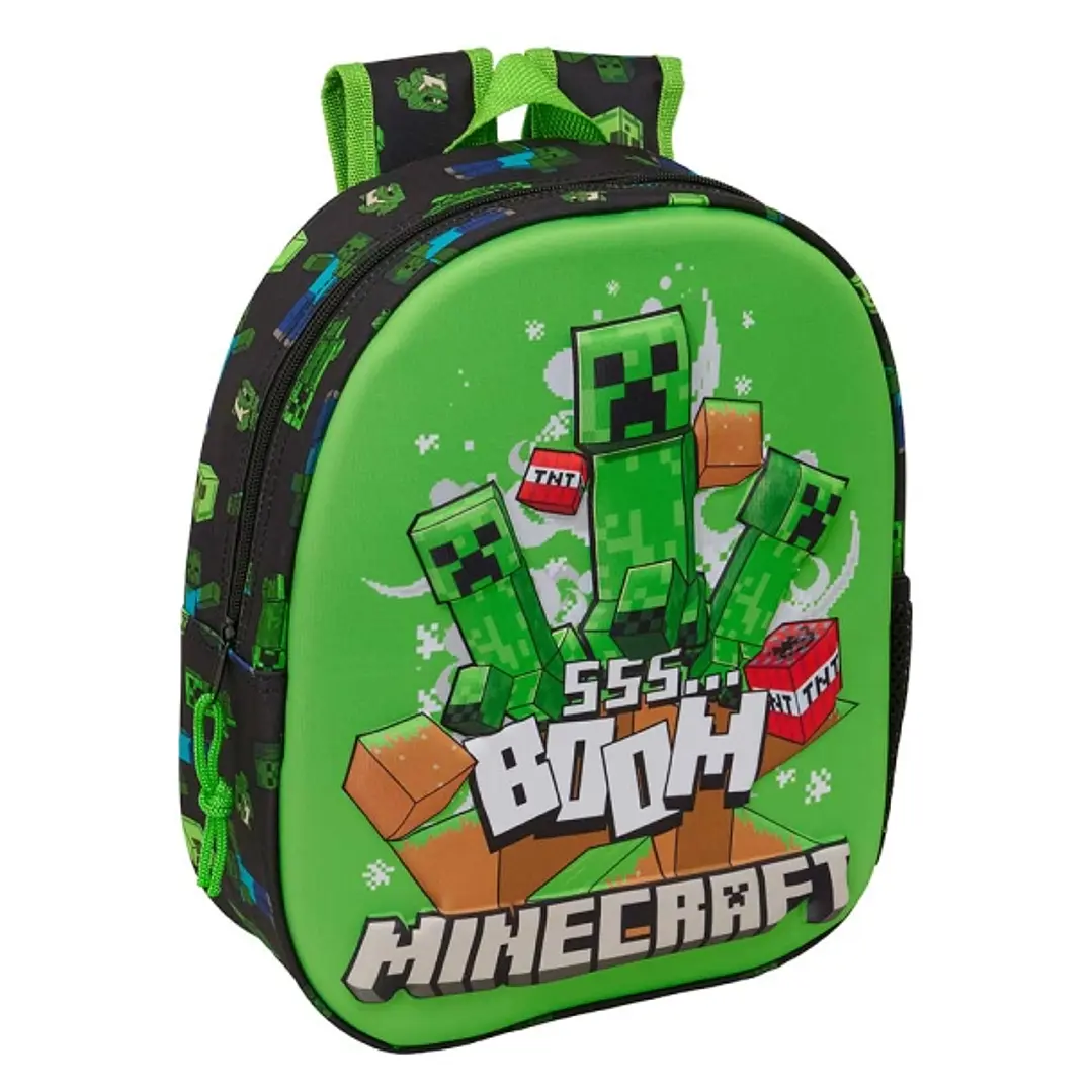Safta Minecraft Boom Mochila 3D - Portabotellas - Hombreras Acolchadas - Asa de Mano Superior - 27x33x10cm - Color Verde y Negro 1