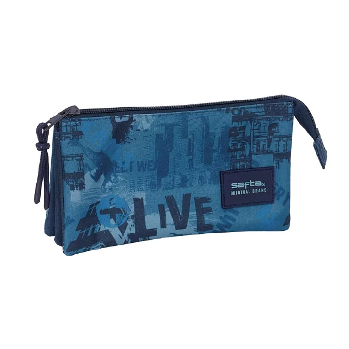 Safta New Edition Portatodo - 3 Compartimentos con Cremalleras - Bolsillo Interior - 0.6L - 220x30x120mm - Color Azul 1