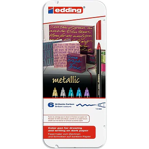 Edding 1200 Metallic Pack de 6 Rotuladores - Punta Redonda - Trazo 1mm - Tinta con Base de Agua - Colores Oro, Plata, Rojo, Azul, Violeta y Verde Meta