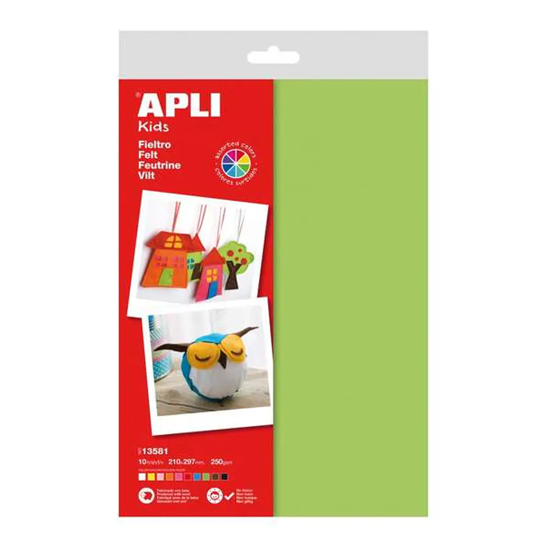Apli Pack de 10 Hojas de Fieltro A4 - Grosor 250g/m² - 40% Lana Natural - Colores Surtidos 1