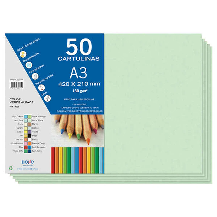 Dohe Pack de 50 Cartulinas A3 de 180gr - Con PH Neutro - Libres de Cloro Elemental - Color Verde Alface 1