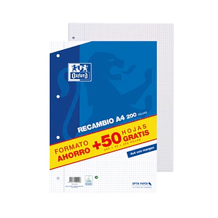 Oxford School Classic Recambio con 250 Hojas A4 Cuadricula 4x4 con Margen