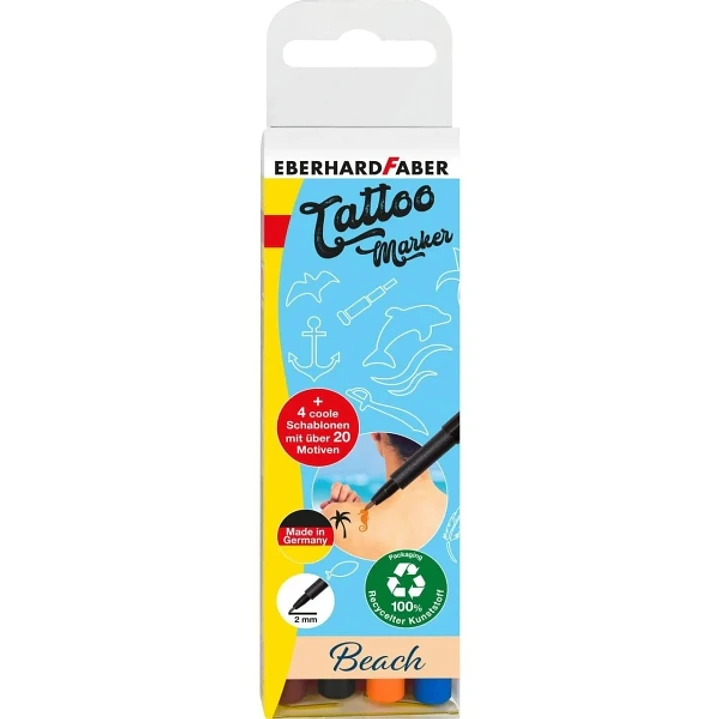 Eberhard Faber Tattoo Marker Beach Pack de 4 Rotuladores para Tatuajes Temporales + 4 Plantillas con mas de 20 Motivos - Secado 5min - Permanencia 60h 1