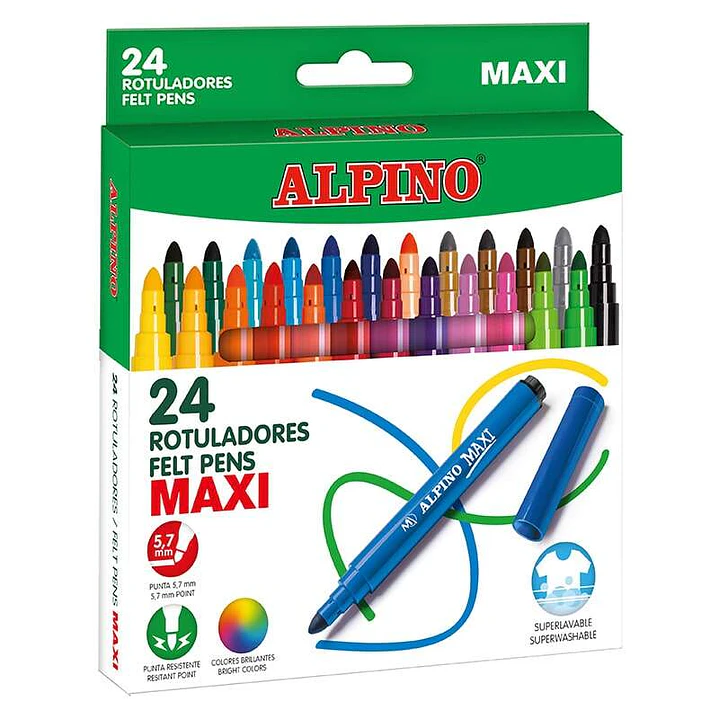 Alpino Maxi Pack de 24 Rotuladores Gruesos - Punta de 6mm - Superlavables, Resistentes, Duraderos y de Colores Brillantes - Ideal para Uso Escolar - C 1